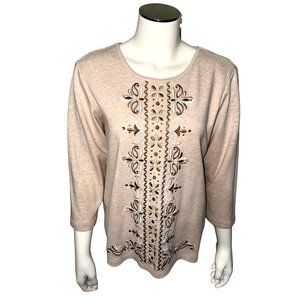 Alfred Dunner Vintage Cotton Polyester 3/4 Sleeve Sweater w Embroidery & Embelli